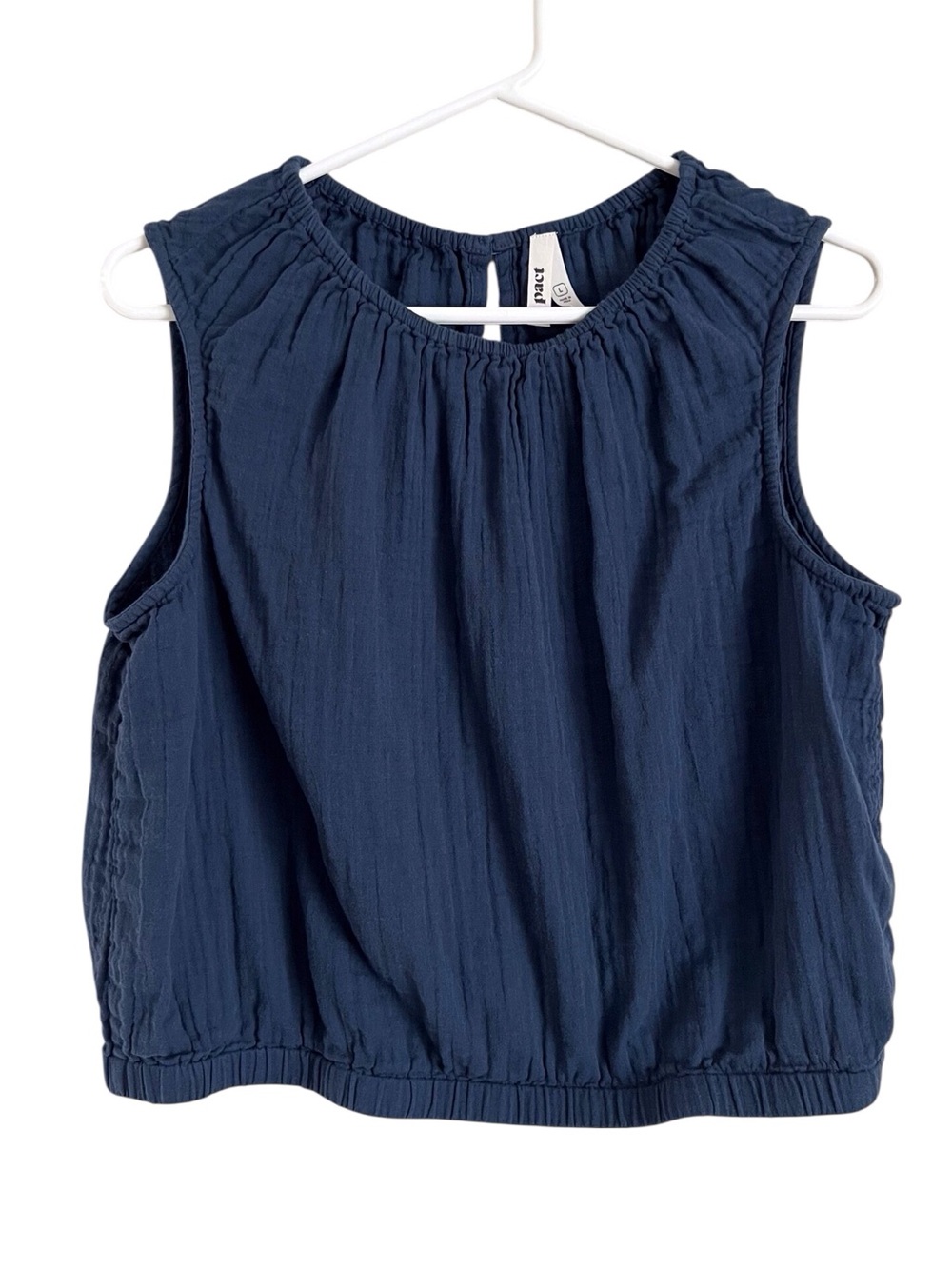 Pact Blue Gauzy Tank Top Gathered Waist Organic Cotton Coastal Boho Large